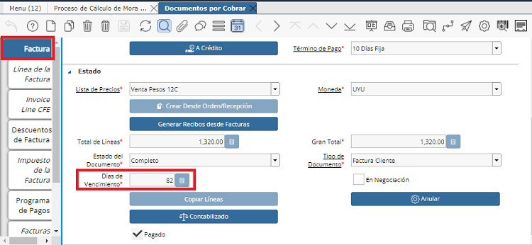 Días de Vencimiento