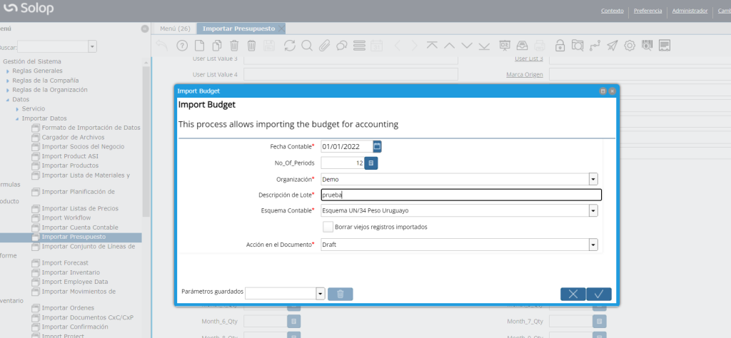 Ventana Importación de Presupuesto
