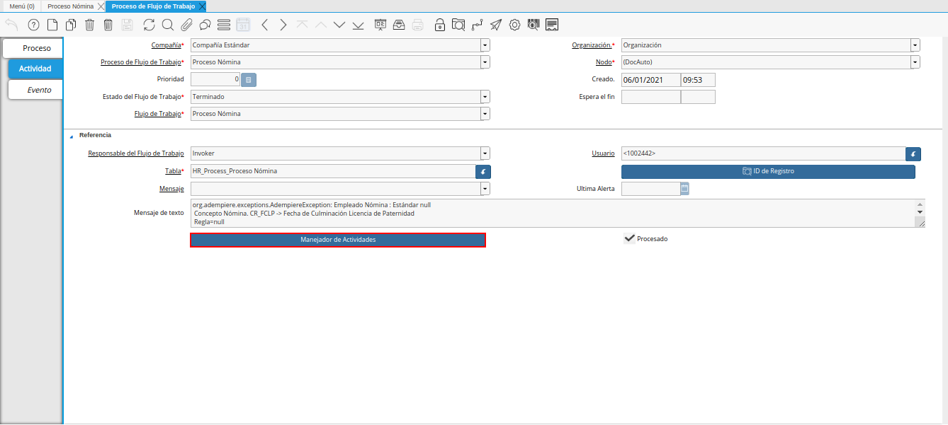 Opción Manejador de Actividades