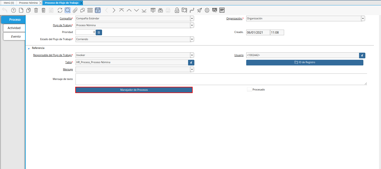 Opción Manejador de Procesos
