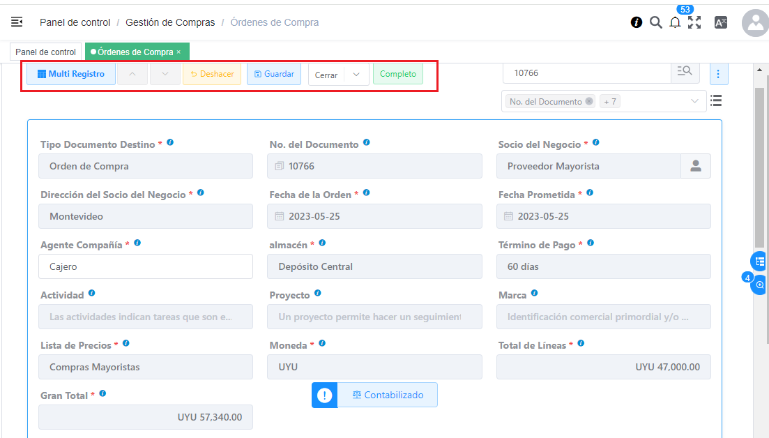 Barra de Herramientas de Solop ERP en Ventana Estándar
