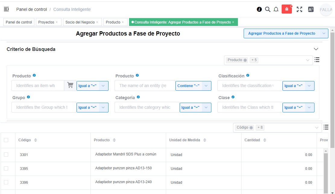 Agregar Productos a Fase de Proyecto