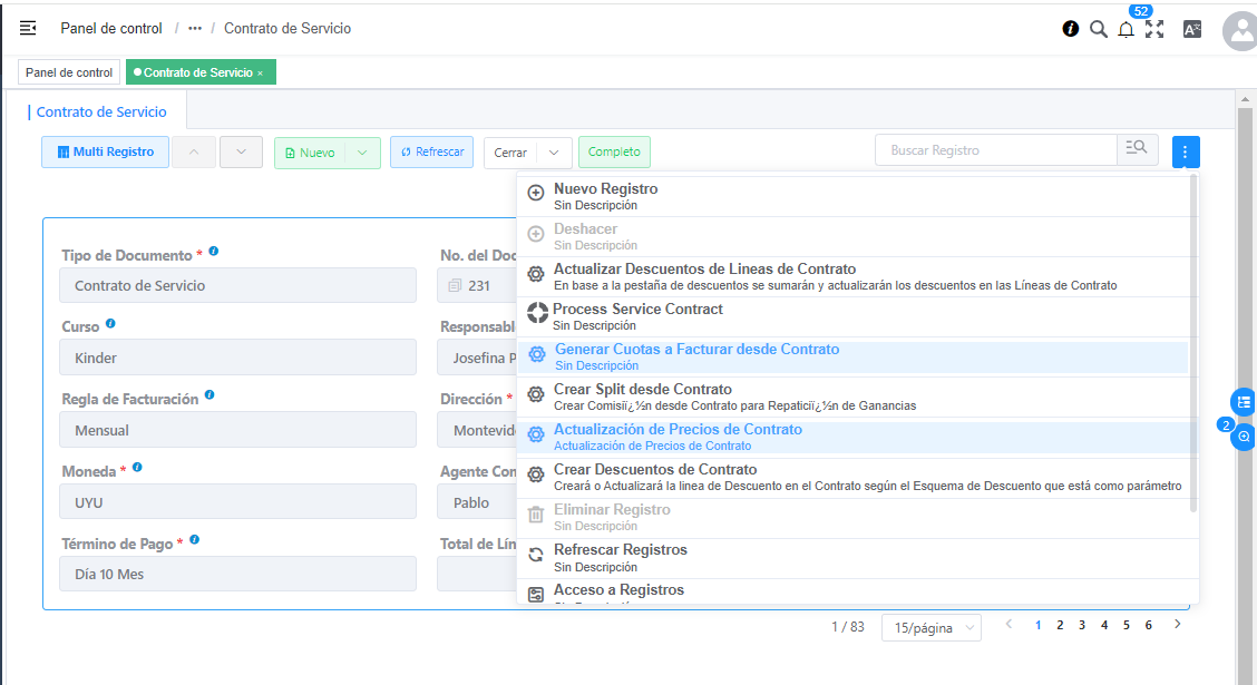 Actualización de Precio y Generación de cuotas de Contrato