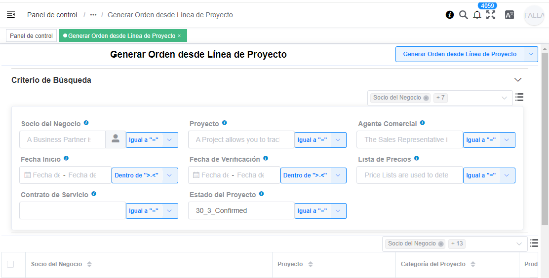Generar Orden desde Línea de Proyecto