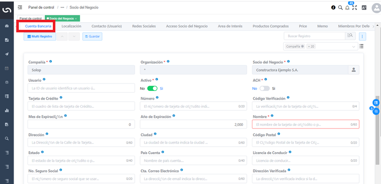 Pestaña Cuenta Bancaria