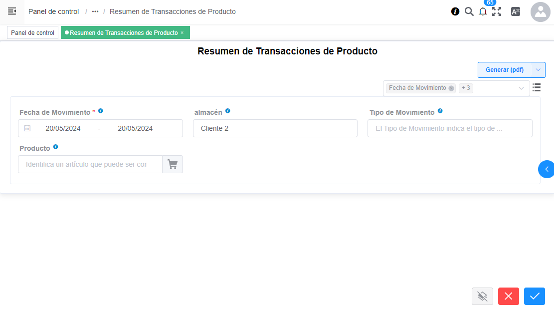 Resumen de transacciones de producto