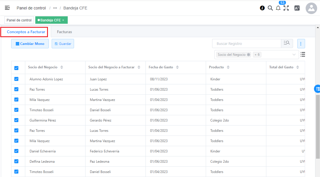 Solapa Conceptos a Facturar