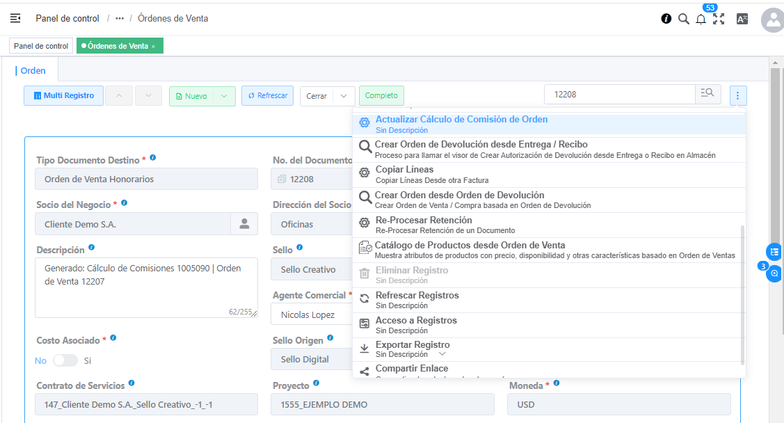 Actualizar Cáculo Comisión de orden
